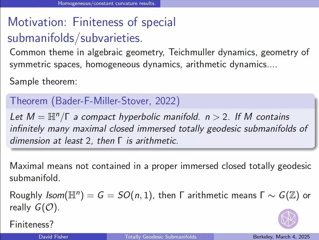 Hot Topics: Interactions between Harmonic Analysis, Homogeneous Dynamics, and Number Theory: Finiteness of totally geodesic submanifolds Thumbnail